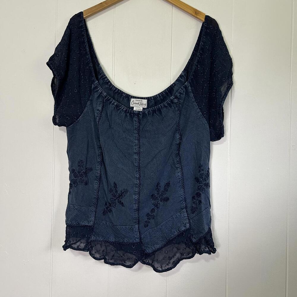 Casual Living Chambray Floral Embroidered Patchwork Plus Size Blouse Women's 2X